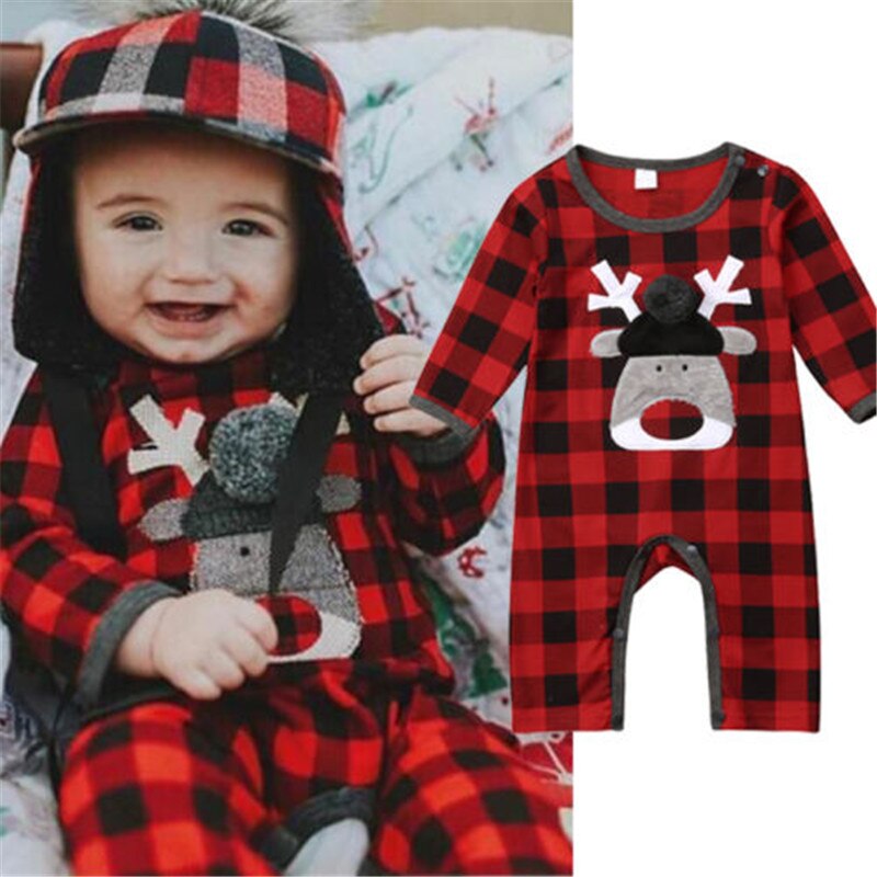 Christmas Baby Boy Girl Cotton Romper Babygrows Playsuit Xmas Deer Plaid Jumpsuit Clothes Outfit