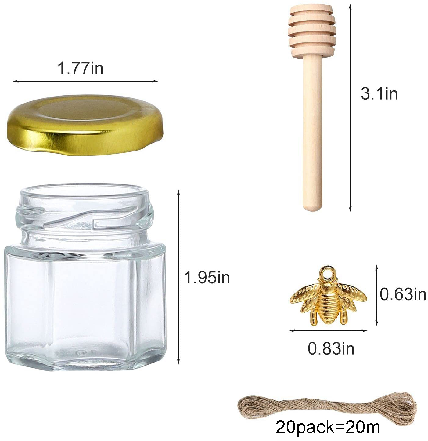 Confezione da 20 bomboniere esagonali in vetro miele pendenti vuoti a forma di ape coperchio dorato Mini esagoni vaso di miele in vetro con mestolo in legno