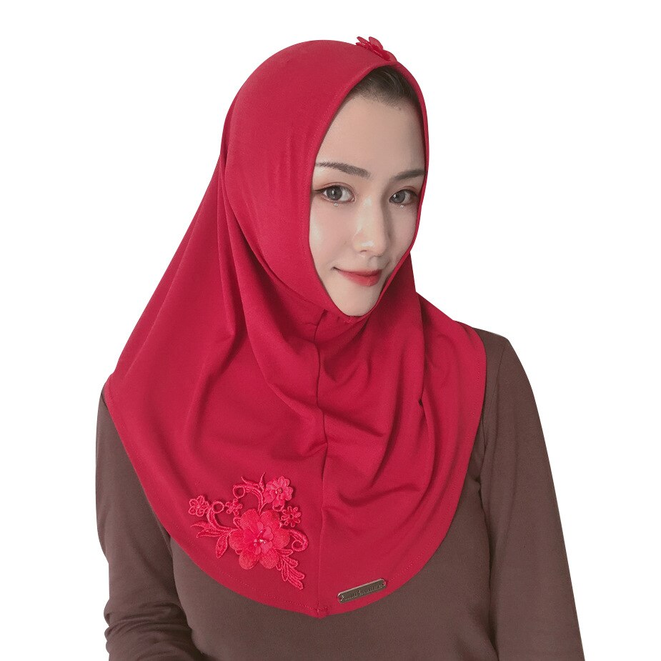 Muslim Headscarf Floral Lace Embroidery, Women's Summer Veil,spandex Elastic Instant Hijab Wrap: red