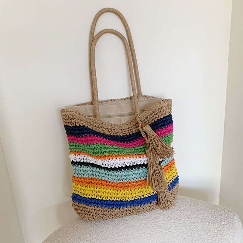 Solid Color Beach Straw Bag High Handmade Casual Shoulder Bags for Women Simple All-match Travel Bags Sac A Main