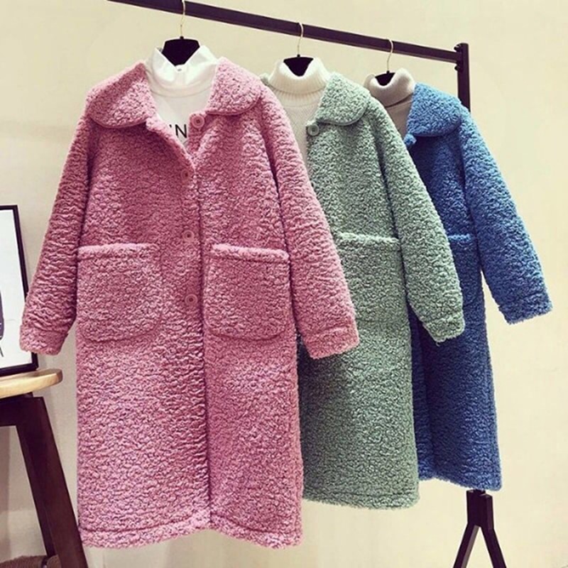 Faux Lamb Wool Warm Winter Coat Women Long Jackets Solid Turn-down Collar Single Breasted Pockets Korean Loose