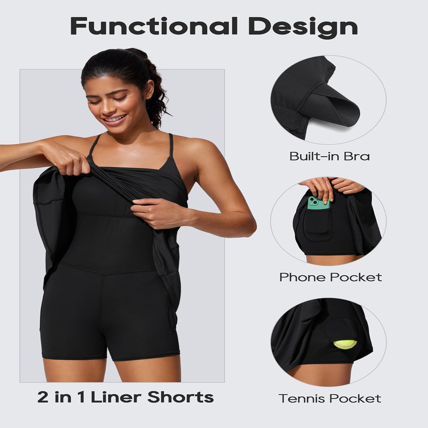 CRZ YOGA Vestido de tenis UPF 50+ para mujer con pantalones cortos y sujetadores incorporados, vestidos deportivos de entrenamiento de golf con bolsillos para Ulti