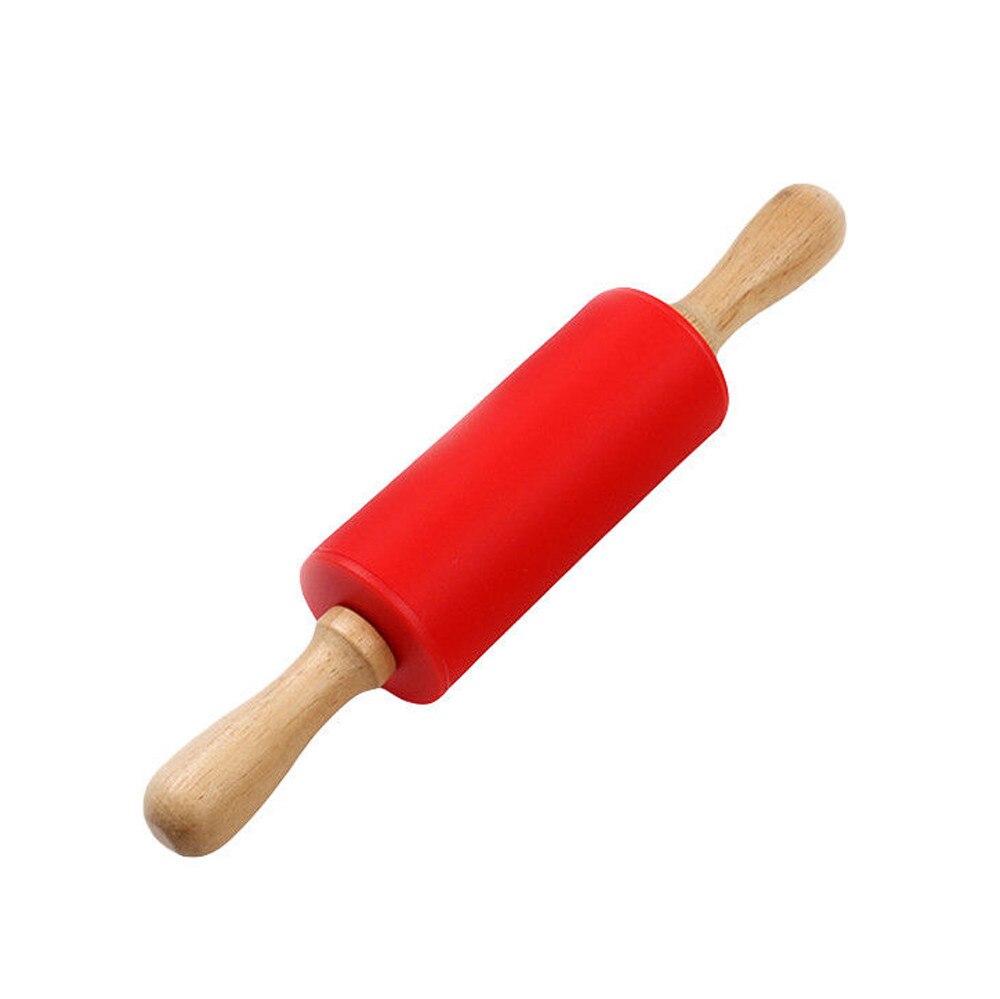 Wooden Handle Silicone Rollers Rolling Pin Kid Kitchen Cooking Baking Tool Pasta Cookie Dough Pastry Bakery Noodle Kitchen #25: Red 