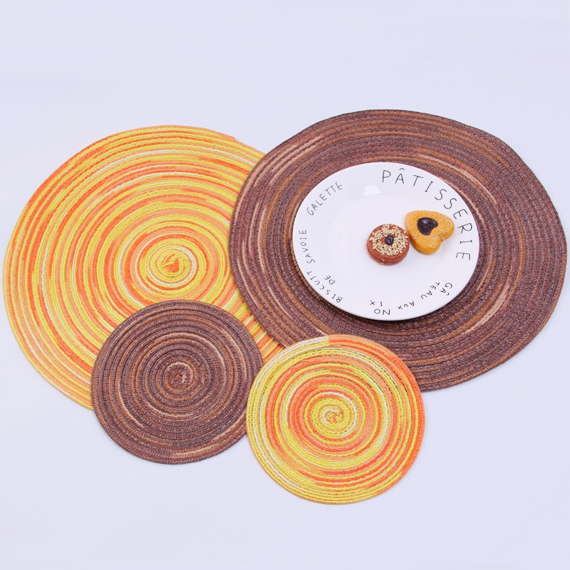 Regenbogen Farbe Tischset Schüssel Satin- Gefärbt Ramie Baumwolle Garn gewebte Tasse Pad Runde Platte matt Individuelle Mantel Esszimmer Untersetzer einstellen
