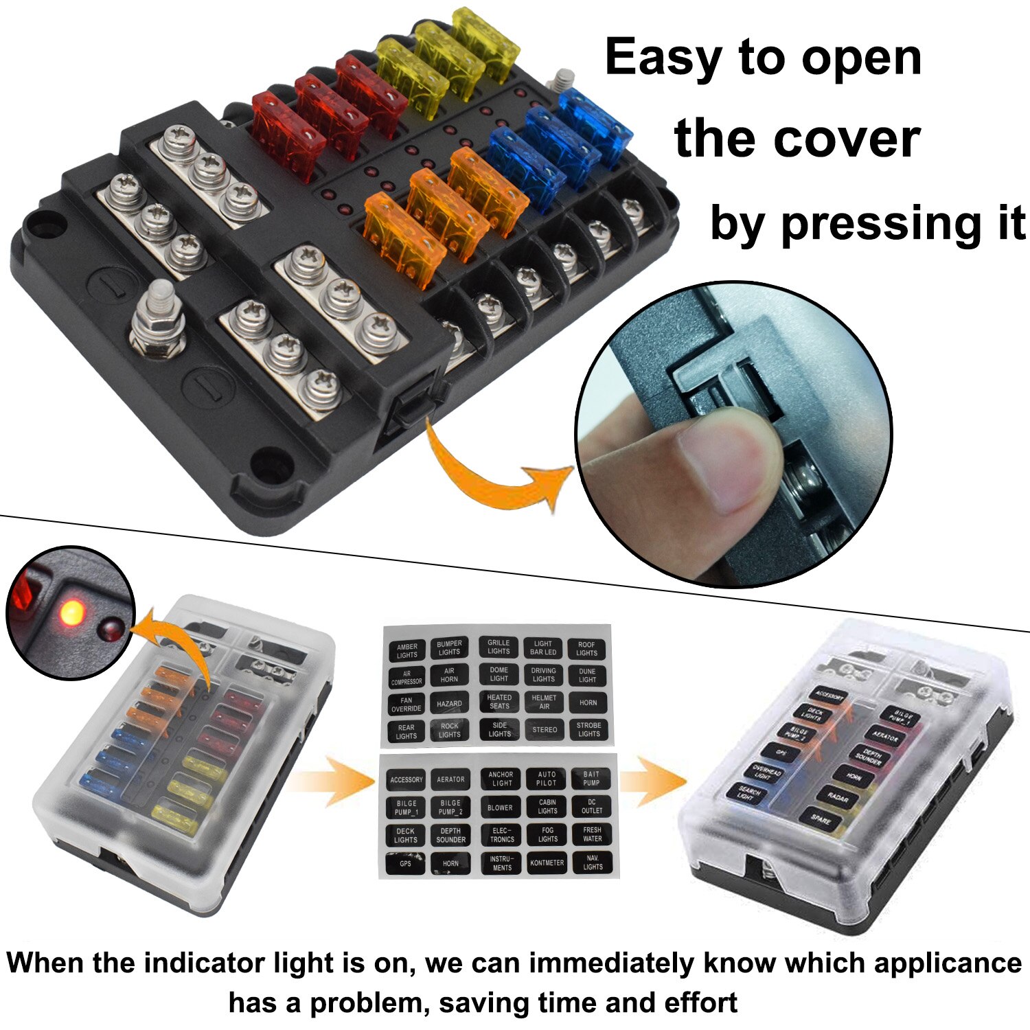 12-Way Blade Fuse Box Holder Block For Auto Car Boat Marine Trike Pickup Truck RV Bus Motorcycle Ship