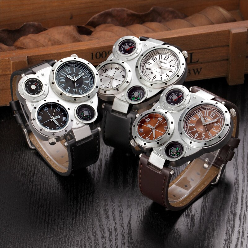 Oulm 9415 Mannen Horloges Twee Tijdzone Sport Quartz Mannen Horloge Kompas Decoratie Mannelijke Lederen Horloge