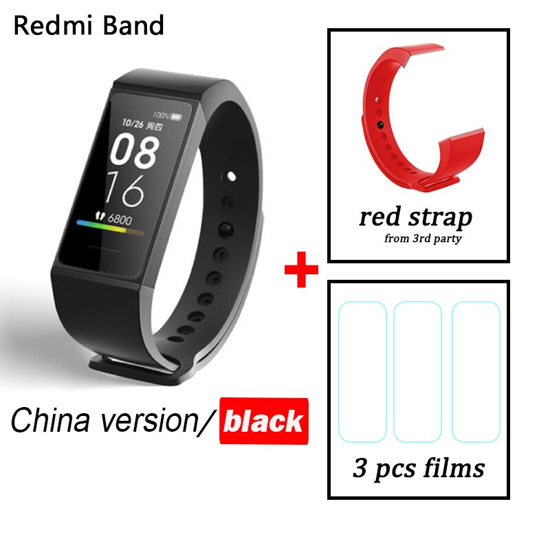 Original XiaoMi RedMi Band Smart Wristband Fitness Bracelet Bluetooth 5.0 USB charging Touch Screen Track Heart Rate Monitor: Add Film Red Strap