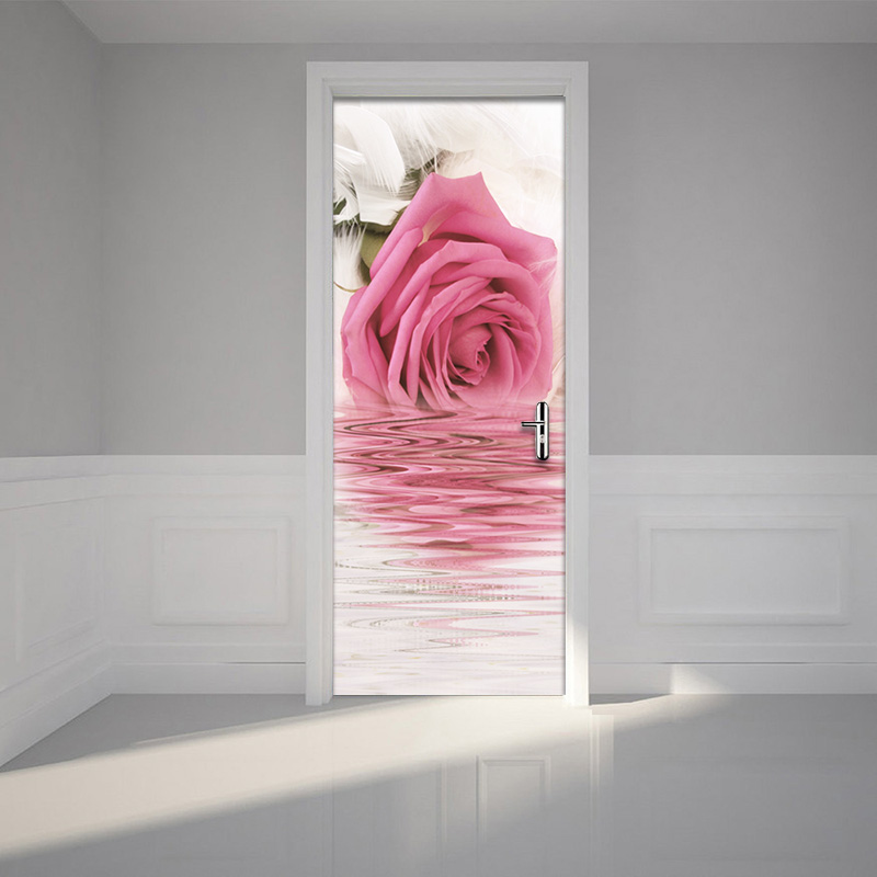 Living Room Pink Rose Flower Door Sticker PVC Waterproof Self-adhesive Bedroom Bathroom Door Mural Poster Wall Papers Home Decor