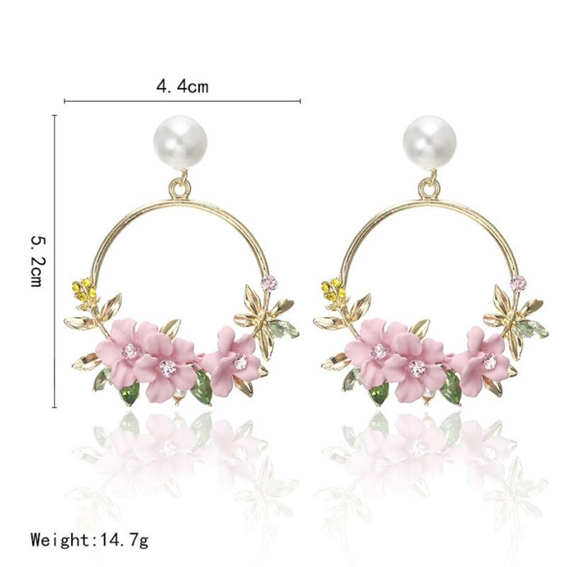 Korean version ins Leaf ear receptacle sweet soft clay pearl female style Pink Color Flower Girl Woman Big Circle Earring