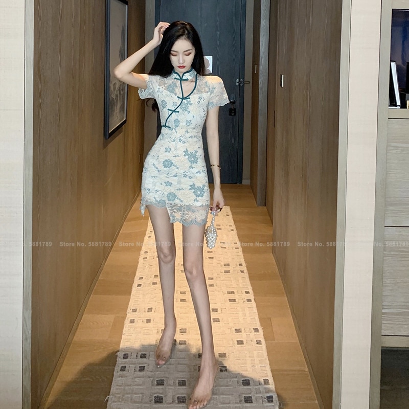 Women Sexy Lace Mini Dress Chinese Style Retro Cheongsam Lady Slim Qipao Vintage Bar Bodycon Sweet Party Dresses