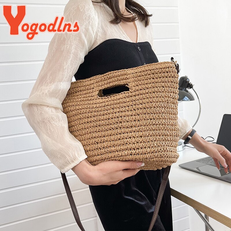 Yogodlns borsa Tote estiva in paglia per donna borsa con manico di grande capacità borsa da spiaggia in Rattan intrecciata borsa da viaggio per vacanze borsa Shopping