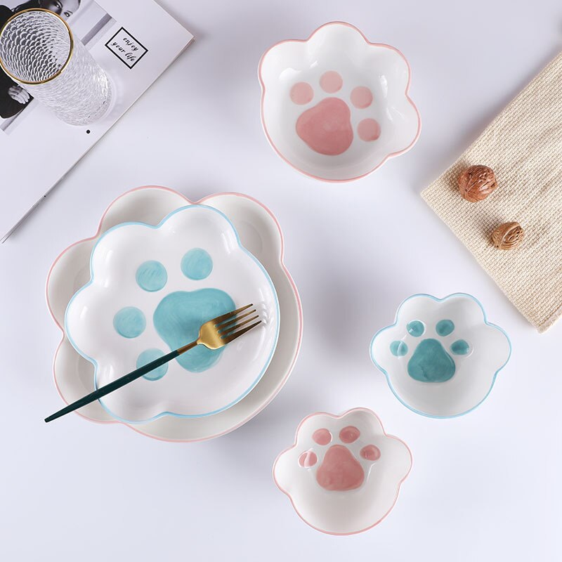 Kawaii Cat Claw Bowls Cartoon Ceramic Bowl Breakfast Dishes Home Cute Cat Dog Paw Western Food Salad Plate