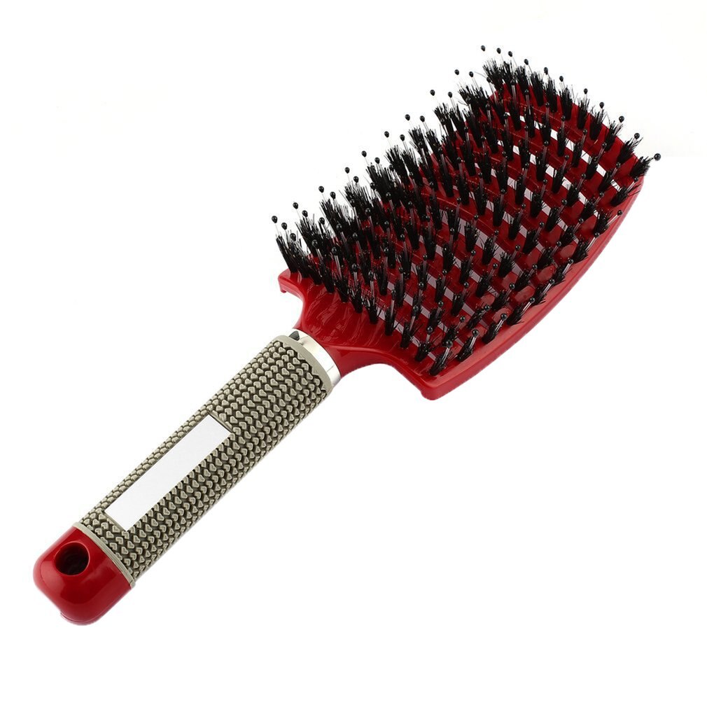 Large Curved Comb Ribs Comb Pig Bristle Anti-static Bending Massage Comb Nine Rows Comb Shape Curly Plastic Smooth Hair Comb: red