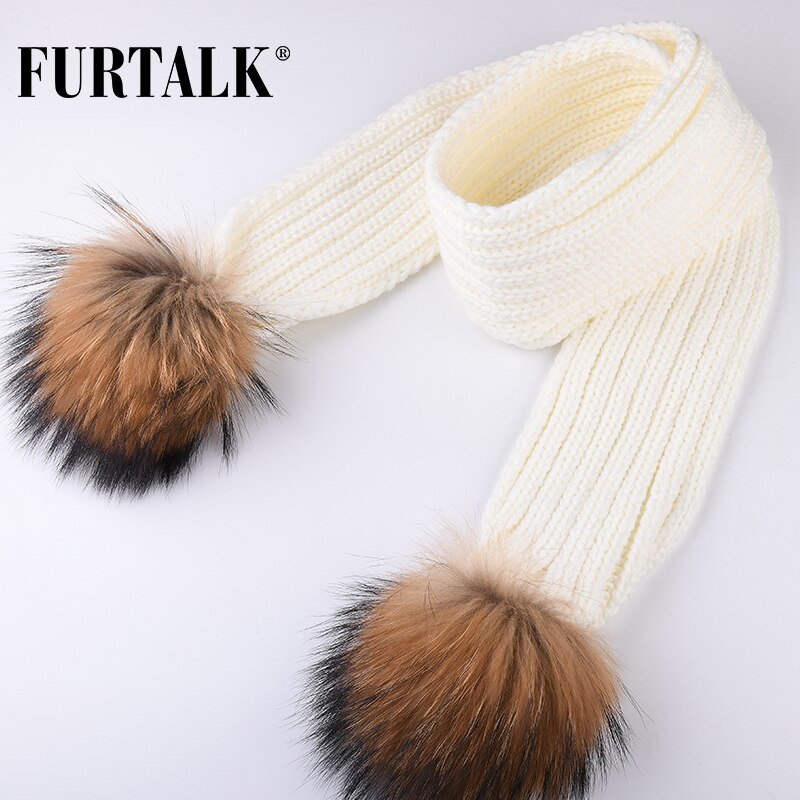 FURTALK – écharpe tricotée à pompon en vraie fourrure pour enfants, pour filles et garçons, CH021