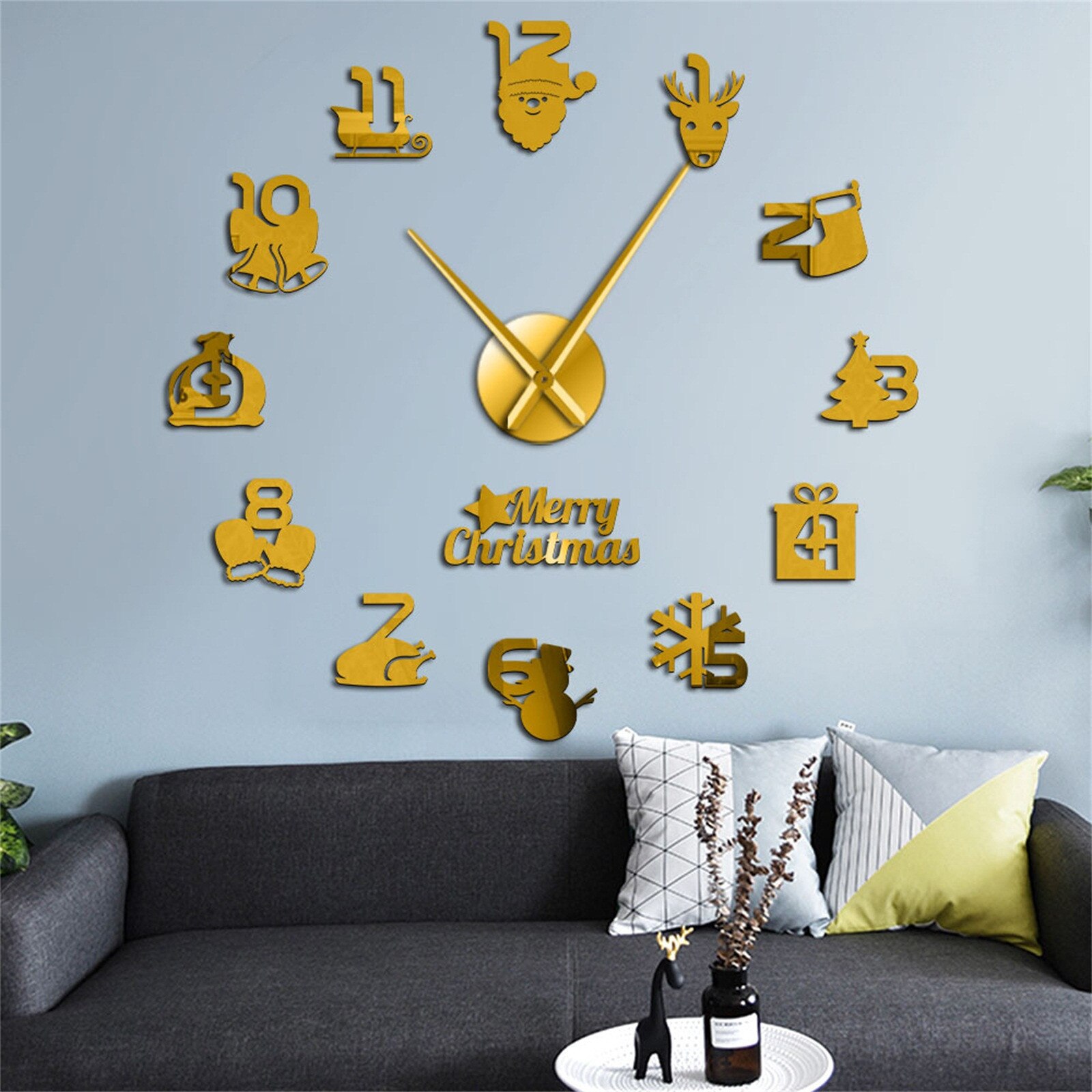Noël sans cadre bricolage mur muet horloge décoration de la maison salon 3d miroir Surface autocollant décor à la maison horloge murale