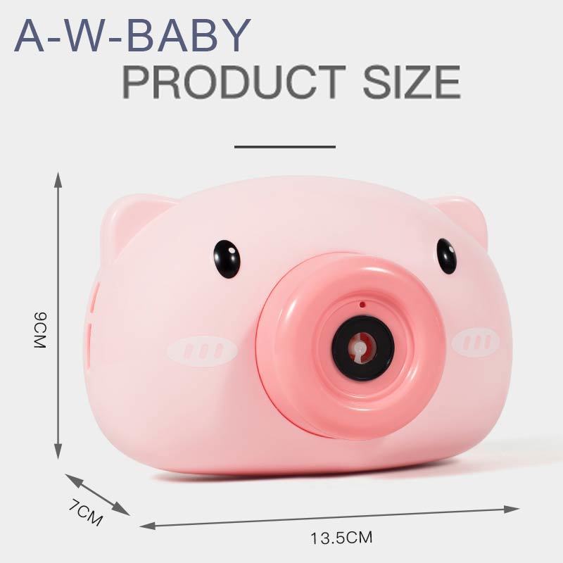 Cartoon Pig Bubble Machine - Automatic Music & Lights - Kids Outdoor Toy Set - Includes Camera, 2x Bubble Water, Lanyard