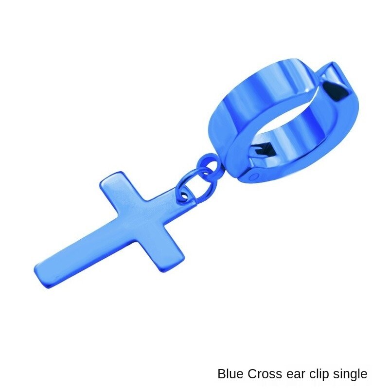 1 Pcs Rvs Clip Op Non Piercing Oorbellen Voor Vrouwen Mannen Zwarte Goud Kleur Cross Gothic Punk Rock Pendiente: style2blue