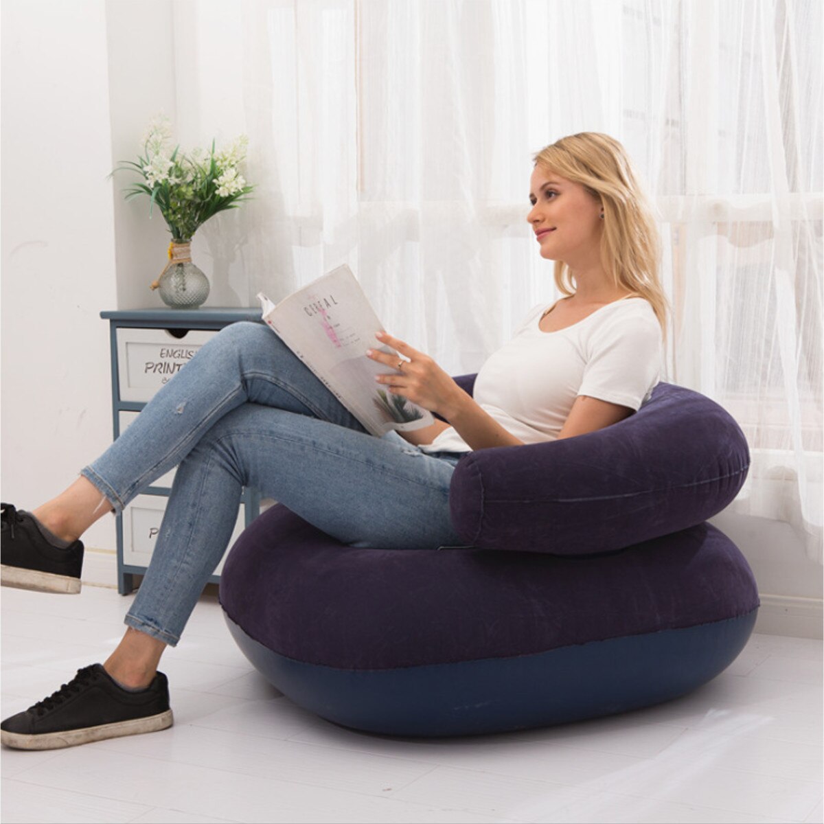 Pvc bärbar lazy uppblåsbar soffa utomhus strand luft bäddsoffa uppblåsbar säng utomhus kontor lunchrast typ u soffor: Blå
