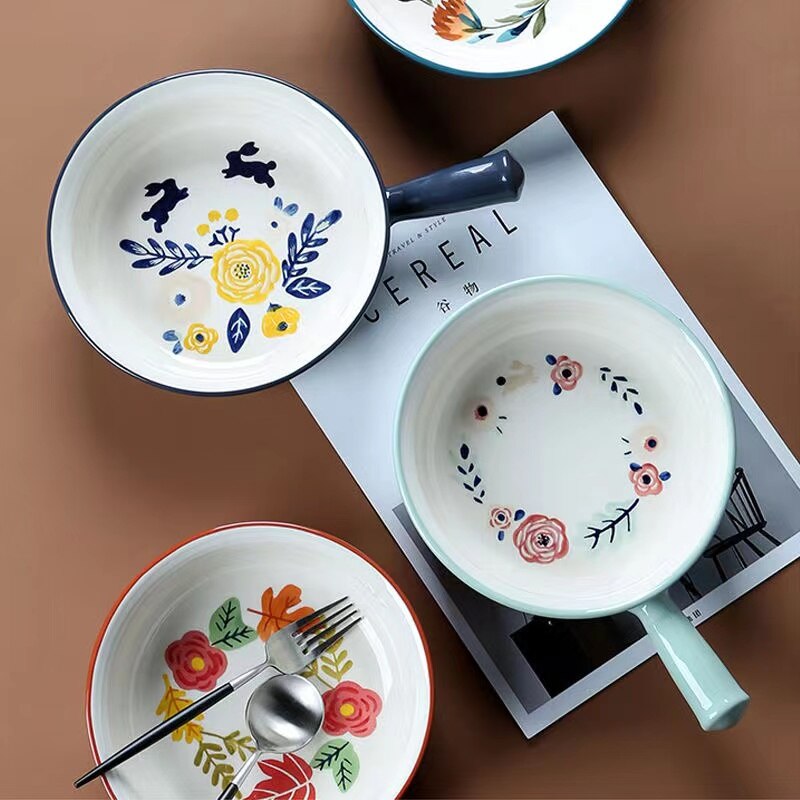 Ceramic Glaze Baking Bowl with Handle Salad Bowls Barbecue Cheese Baked Rice Baking Pan Round 4 Seasons Bakeware Home Decoration