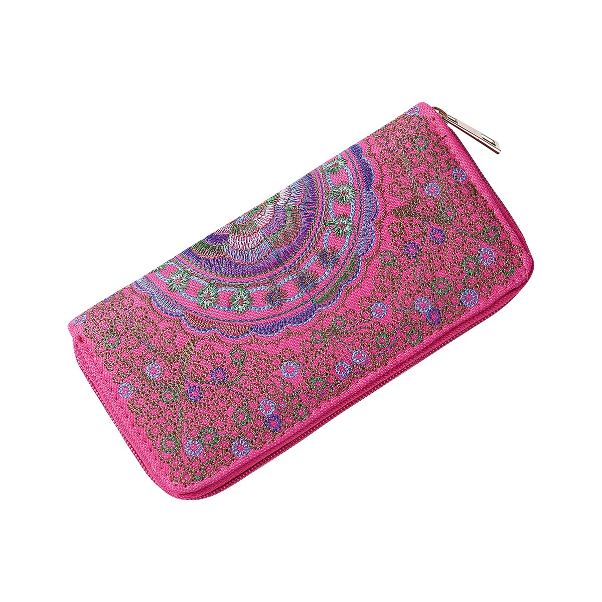Celebrity style broderet blomsterpung lang pung til kvinder bærbar id kreditkortholder clutch: Rosenrød