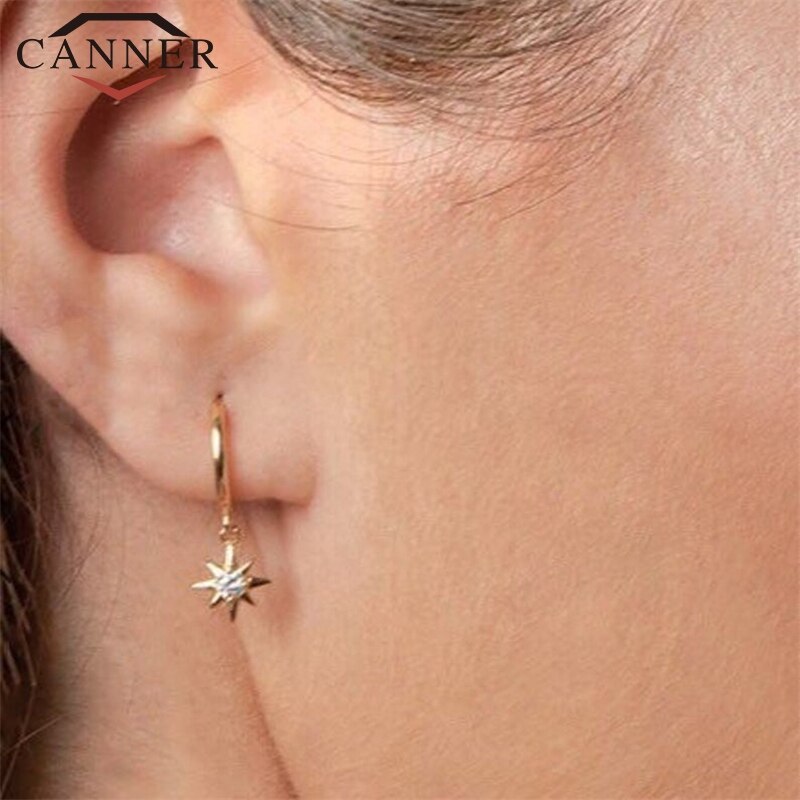 925 Sterling Silver Hoop Earrings for Women Minimalist INS Anise Star Small Sun CZ Crystal Zircon Earrings Jewelry