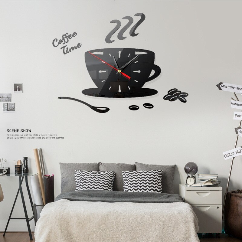 DIY 3D Wall Clock Acrylic Coffee Cup Teapot Decorative Kitchen Wall Clock Living Room Wall Stickers Home Decor Clocks: Black