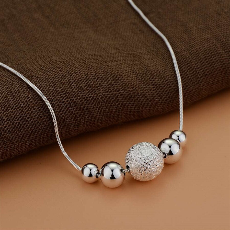 AGLOVER 925 Sterling Silver 18 Inch Snake Chain Frosted Round Bead Pendant Necklace For Woman Charm Wedding Jewelry