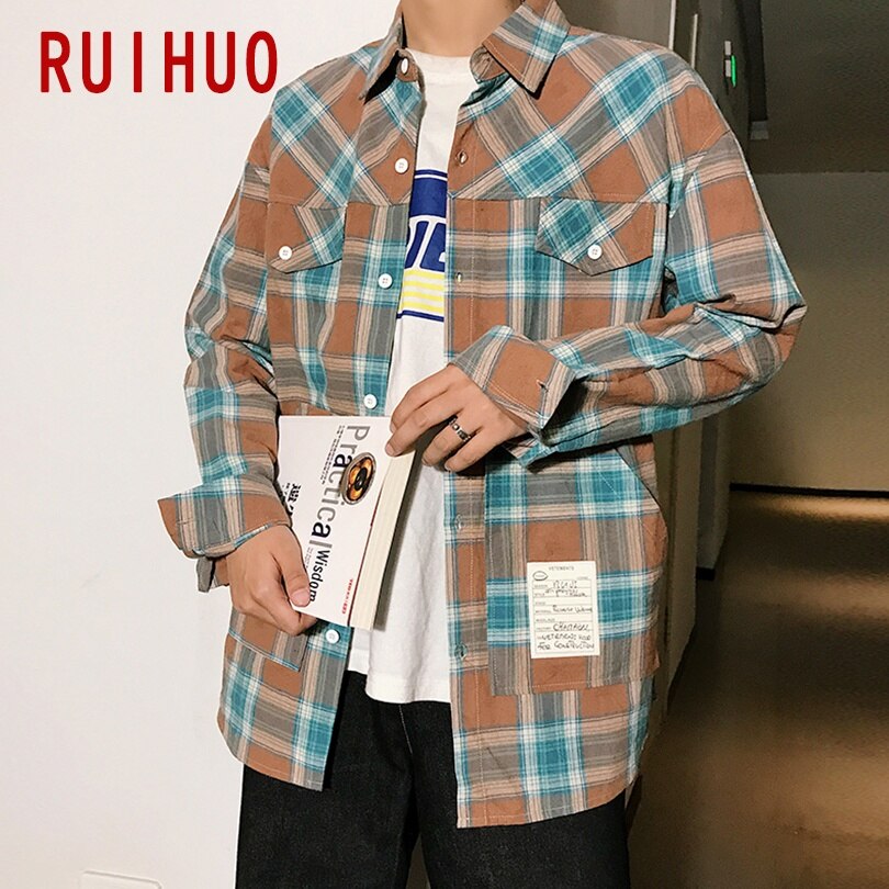Ruihuo våren casual rutete skjorte herre slim fit koreansk stil mannlige langermede skjorter herre merke pluss størrelse m -3xl