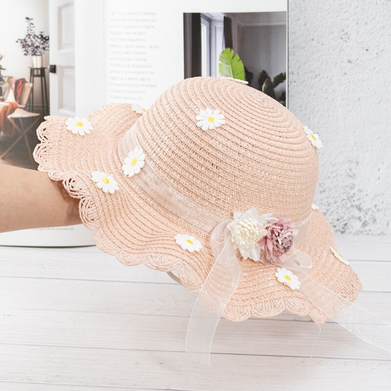 Los niños chica listón con flores sombrero hongo de paja sombreros de Sol para niños de primavera y verano con volantes con ala playa gorra para el sol sombreros: Pale Pink