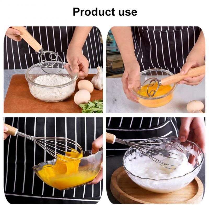 Wood Handle Flour Mixer 10 Inch Kitchen Baking Flour Mixing Tool Coil Mixing Stick Hand-held Flour Beater Dough Whisk