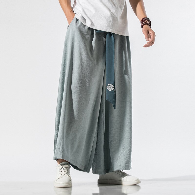 Japanese Traditional Samurai Style Kimono Loose Casual Wide Leg Pants for Men Streetwear Linen Male Solid Trouser Pants