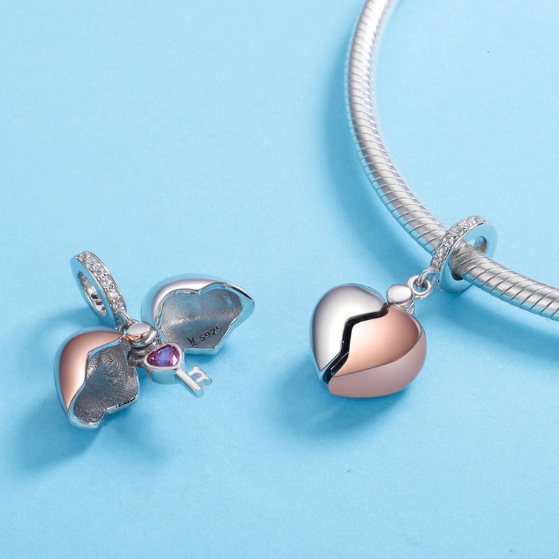 BISAER réel 925 argent Sterling clé serrure de coeur breloques rose CZ coeur perles ajustement pour les femmes Bracelet bijoux à bricoler soi-même faisant ECC772: ECC844
