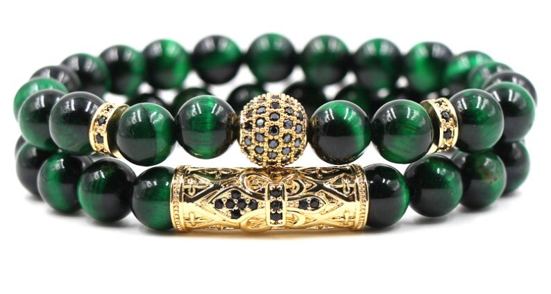 8mm 2 stks/set tg43 elastische aangepast natuur groene Tijgeroog bead micro pave cz zirkoon zirconia Koperen Armbanden Armband: 1