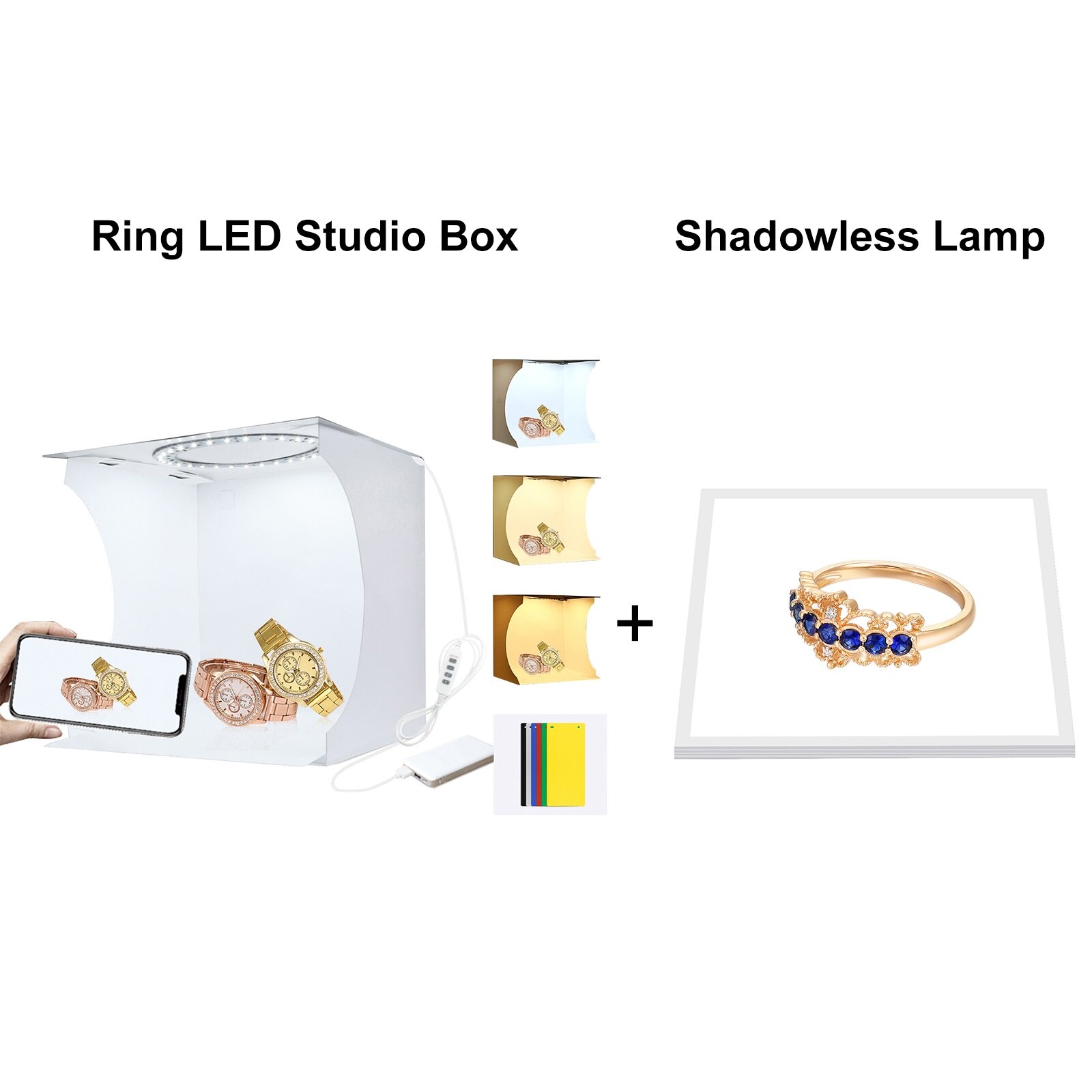 PULUZ 20cm Lightbox Photo Studio box + LED Photography shadow Light Lamp Panel Studio Shooting tenda Box Kit e 6 fondali colorati: Ring LED add Lamp