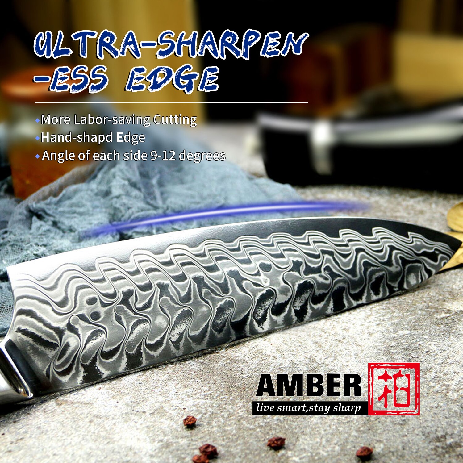 AMBER AUS10V Core Croco Pattern Knife With 2 Tones Blue Honey Comb Resin Chef Cleaver Kiritsuke Nakiri Santoku Ultral Sharp Cook