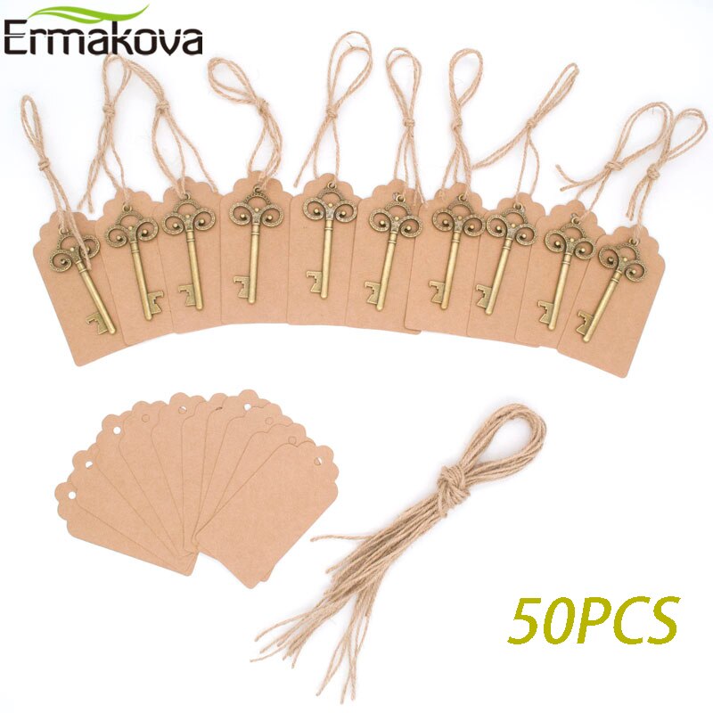 ERMAKOVA 50 Teile/los Schlüssel Flasche Opener Skeleton Wein Opener Leere Karte für Gäste Rustikalen Hochzeit Party Favors flasche öffner