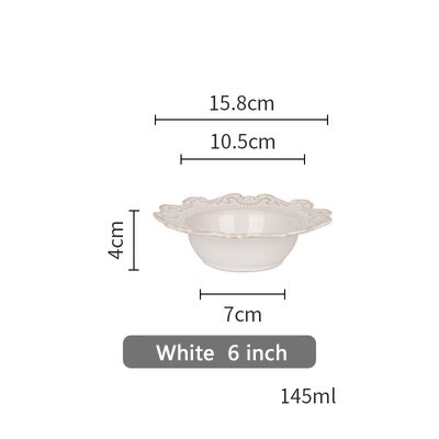 European retro ceramic plates tableware dinner plates ceramic embossed pattern porcelain dessert plate cake plate: White 6 inch bowl