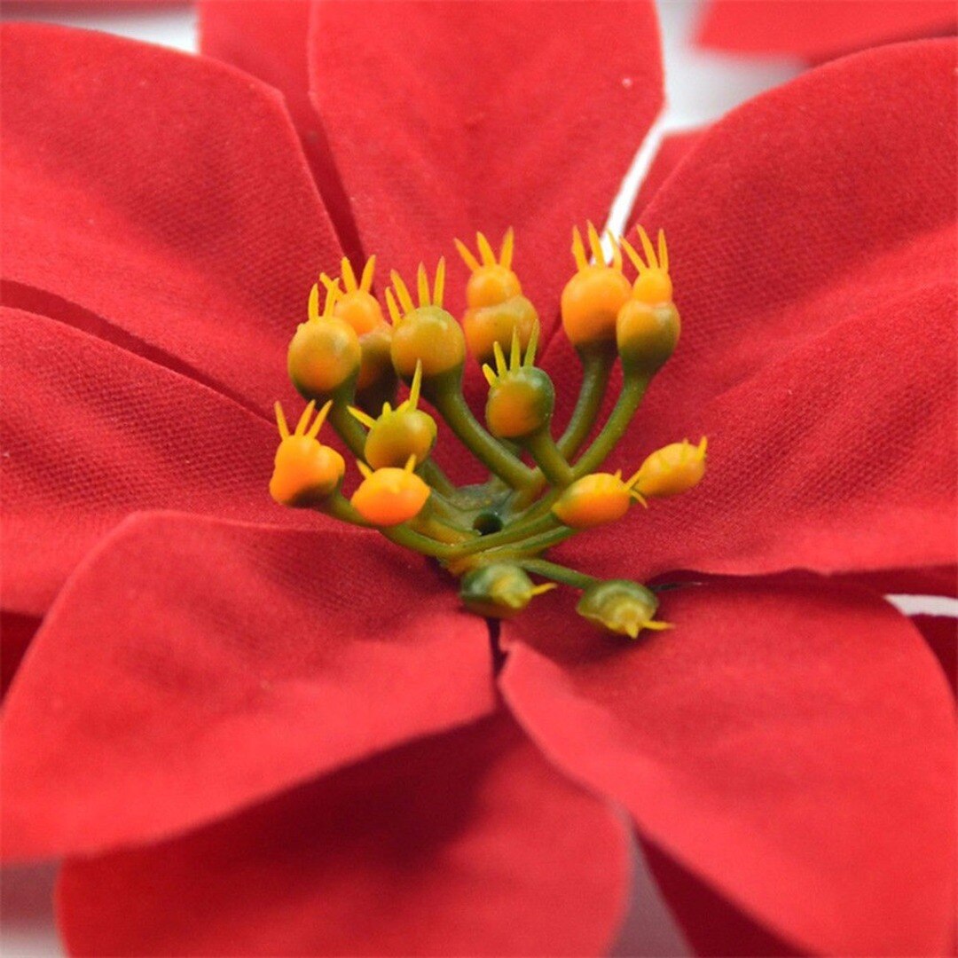 10pcs Red Christmas Silk Flowers Artificial Glitter Poinsettia Flower 14cm Xmas Merry Christmas Home Party DIY Decorating Flower