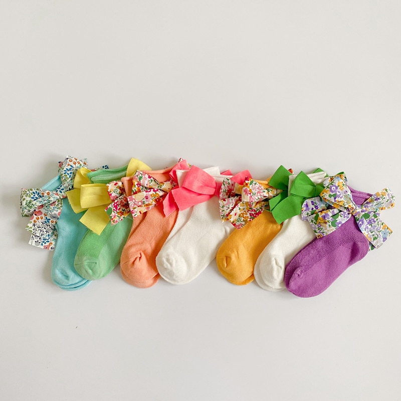 7 couleurs bébé filles garçons princesse chaussettes fleurs imprimer nœud papillon anti-dérapant coton mignon chaussettes 0-2 ans