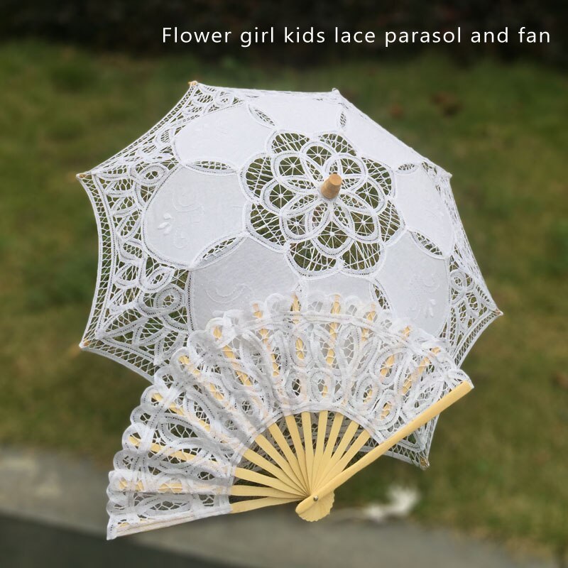Handgemachte Braut Battenburg Spitze Sonnenschirm und Fan einstellen Hochzeit Braut Regenschirm: A0105 Beige Kinder