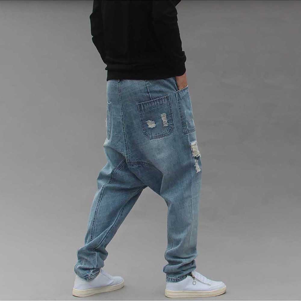 Distressed streetwear rippede harem jeans mænd afslappet løs baggy bukser hofte hofte dropcrotch denim bukser mandlige tøj stor størrelse