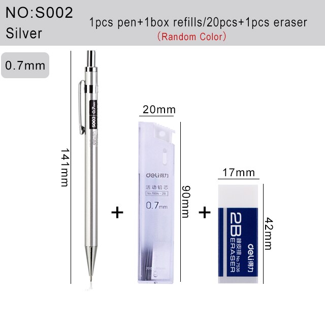 Deli Metal Mechanical Pencil 0.5 0.7mm Lead 2B Drawing Writing Activity Pencils For Artist School And Office Stationeries: S002-Silver-0.7mm
