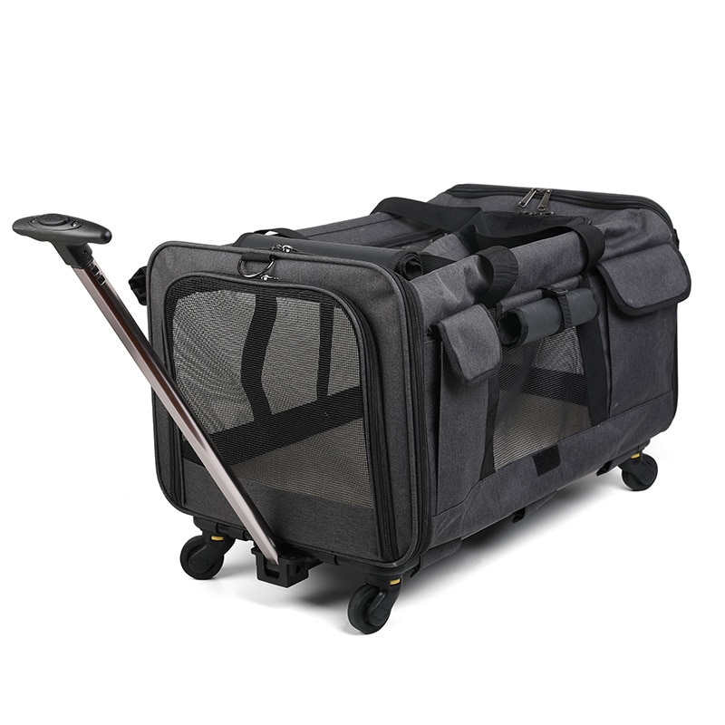 Valise à roulettes universelles détachables pour animaux de compagnie, grande capacité, respirante, pliable, pour chiens et chats: Black