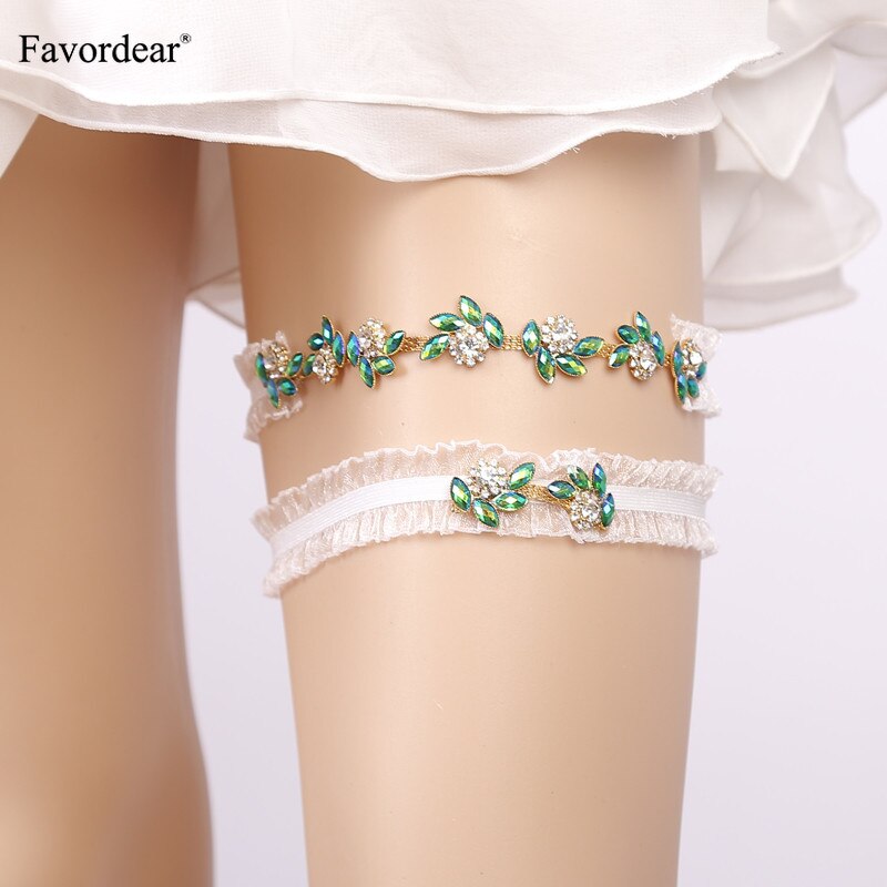 Favordear White Elastic Band Leg Ring Wedding Garter with Green Beading 2 PC Stocking Bridal Garter for Women/Bride
