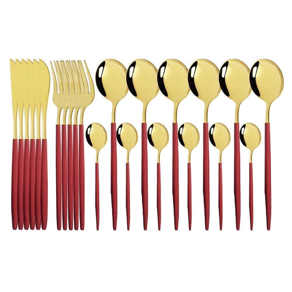 Pink Gold Cutlery Set Stainless Steel Dinnerware Set 24Pcs Knives Forks Coffee Spoons Flatware Set Kitchen Dinner Tableware Set: Red Gold
