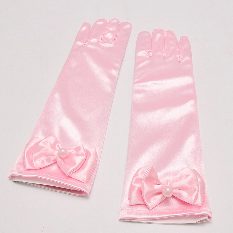 Gilrs lange satin handsker solbeskyttelse aften fest stretch blomst pige søde kjole tilbehør ceremonielle bowknot perle handsker: Lyserød