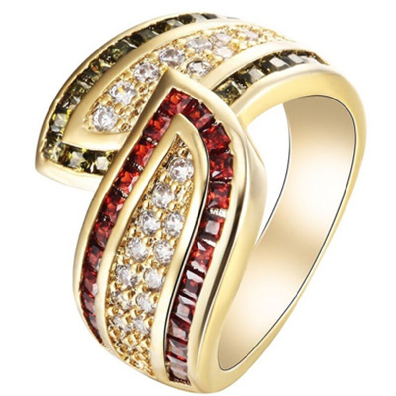 Luxury Gold Color Staggered Micro Pave CZ Stone Ring For Women Men Red Rhinestone Wedding Ring Good Jewellery Z5M343