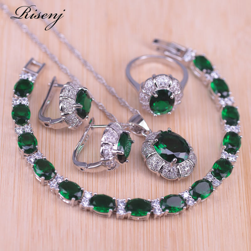 Risenj venäläinen tyyli vihreä kivi valkoinen kristalli hopean värinen korusetti naisille kaulakoru chian korvakoru sormus rannekoru