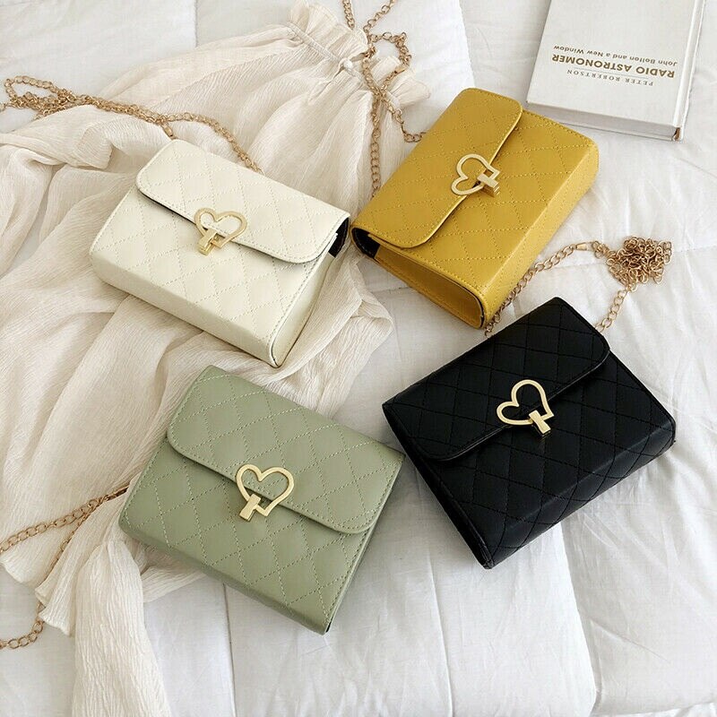 Women Lingge peach heart lock chain square PU Shoulder bag Crossbody Hand Bag Heart Messenger Chain handbag yellow