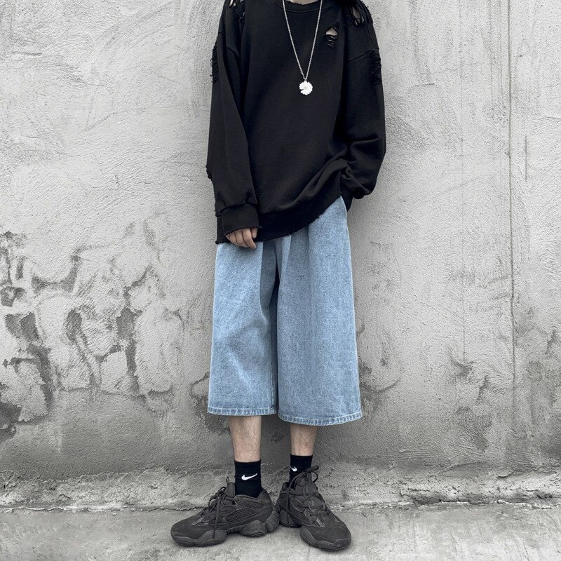 Sommar korta jeans herr casual retro raka jeans herr streetwear vild lös hiphop dragsko jeansbyxor herr: Blå / M